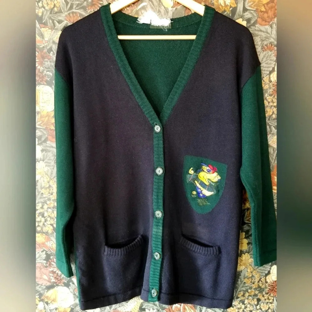 Vintage Basler Wool Cardigan – 90s Academia Crest – Blue & Green – Medium